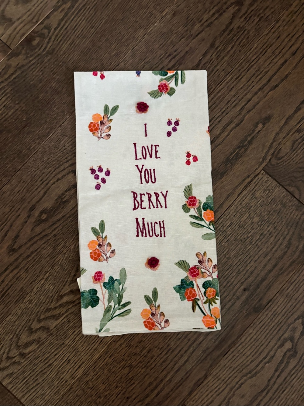 Anthropologie White Dish Towel with Orange, Green & Pink Floral Embroidery